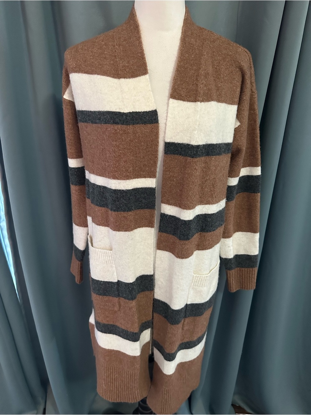 LOFT Women's XS Long Open Front Cardigan Sweater Brown Cream Striped Pockets